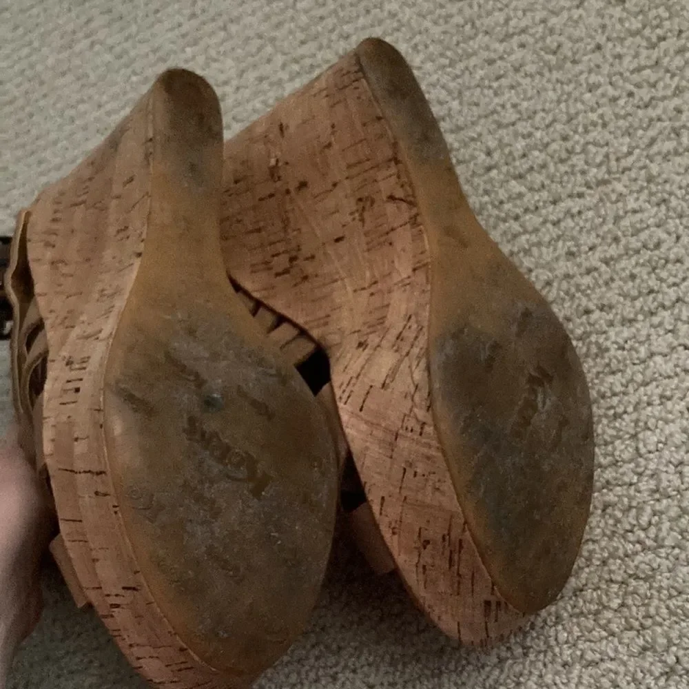 Korks by Kork-Ease Platform Wedges Size 8 Cork Leather Tan Strappy High Heels